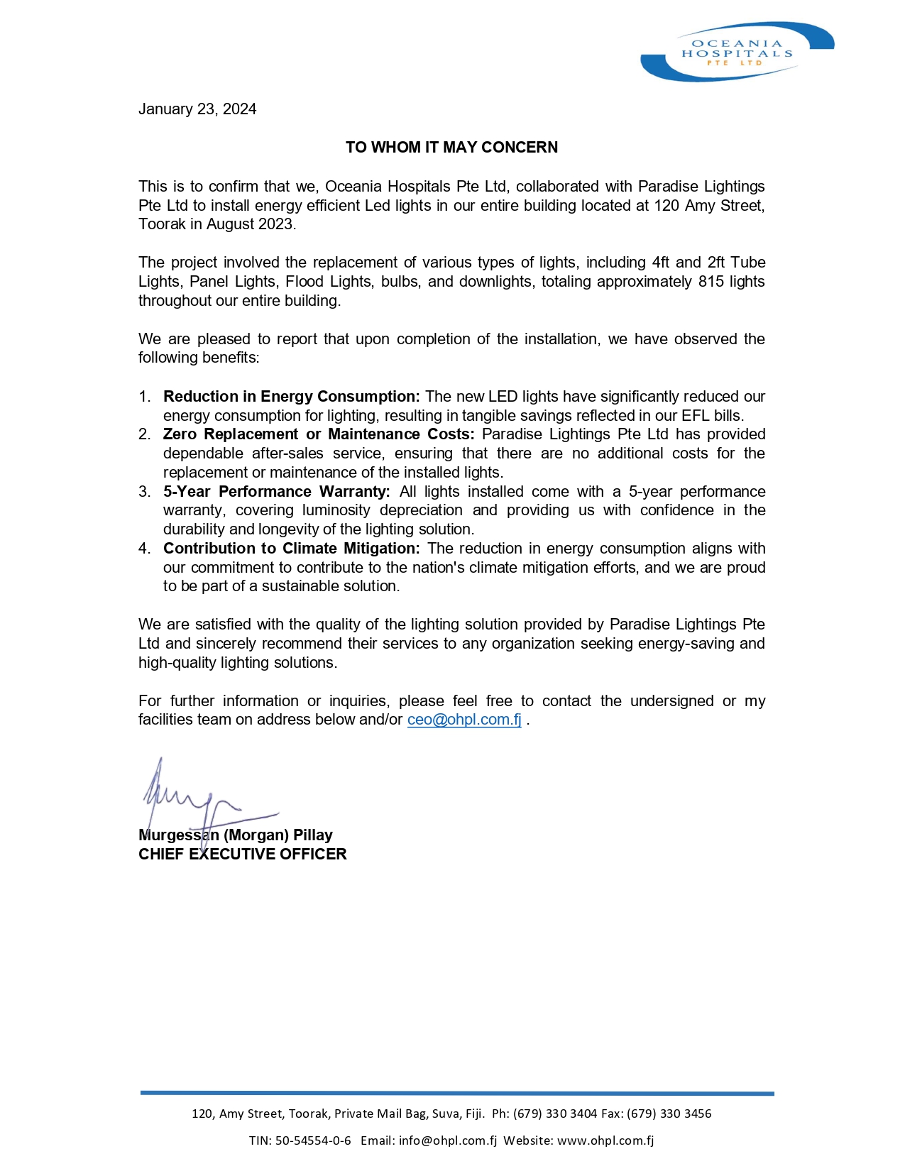 Reference letter from Oceania Hospitals